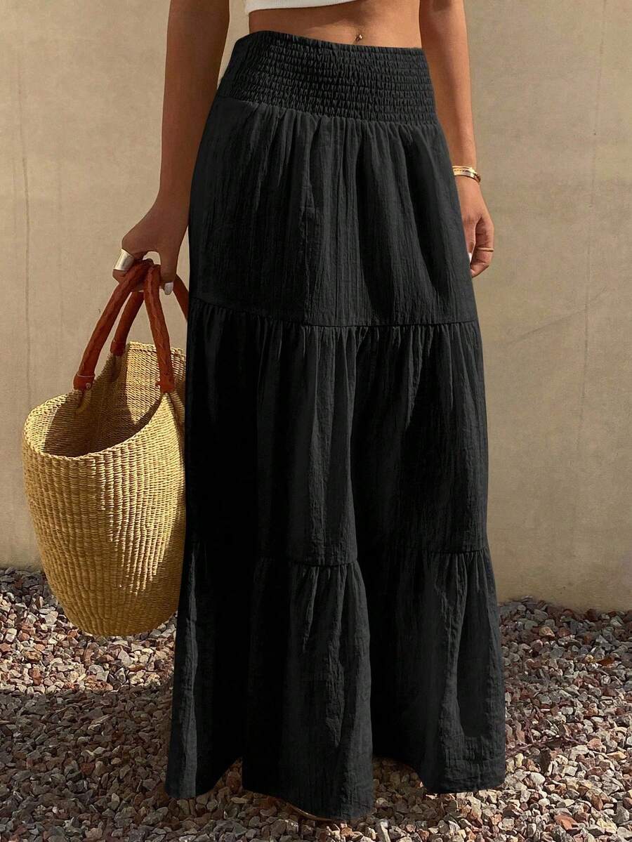 Bohemian Long Beach Skirt With Ruching And Adjustable Waist For Vacation - Black - View 1
