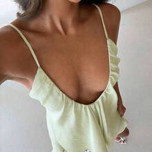Vestido de mujer con cuello en V profundo, tirantes de espagueti, línea A, volantes en el bajo, color verde - Rosa - Ver 6