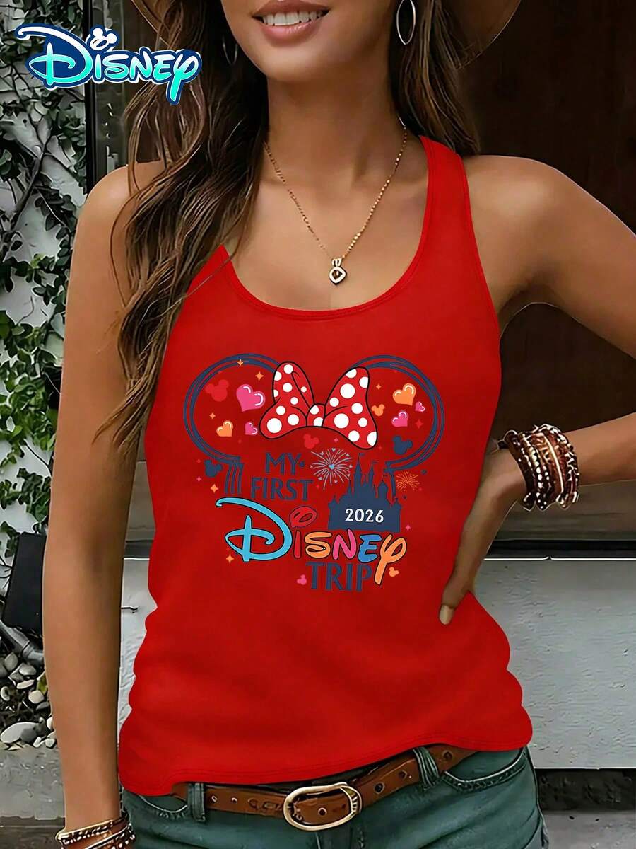 Disney Official Authorization | Women's Casual Round Neck Sleeveless Vest. With The Theme Of The First Disney Trip, Paired With Minnie Bows And Castle Elements, It Is Full Of Ceremony. It Is A Commemorative Item For The First Experience Of A Theme Park And An Ideal Choice For Recording Beautiful Moments. - 紅色 - 查看 1