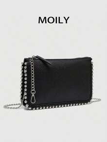 2025 New European And American Style Chain Small Square Bag, Fashion Rivet Pearl Decor, Versatile Shoulder Handbag - Black - View 4