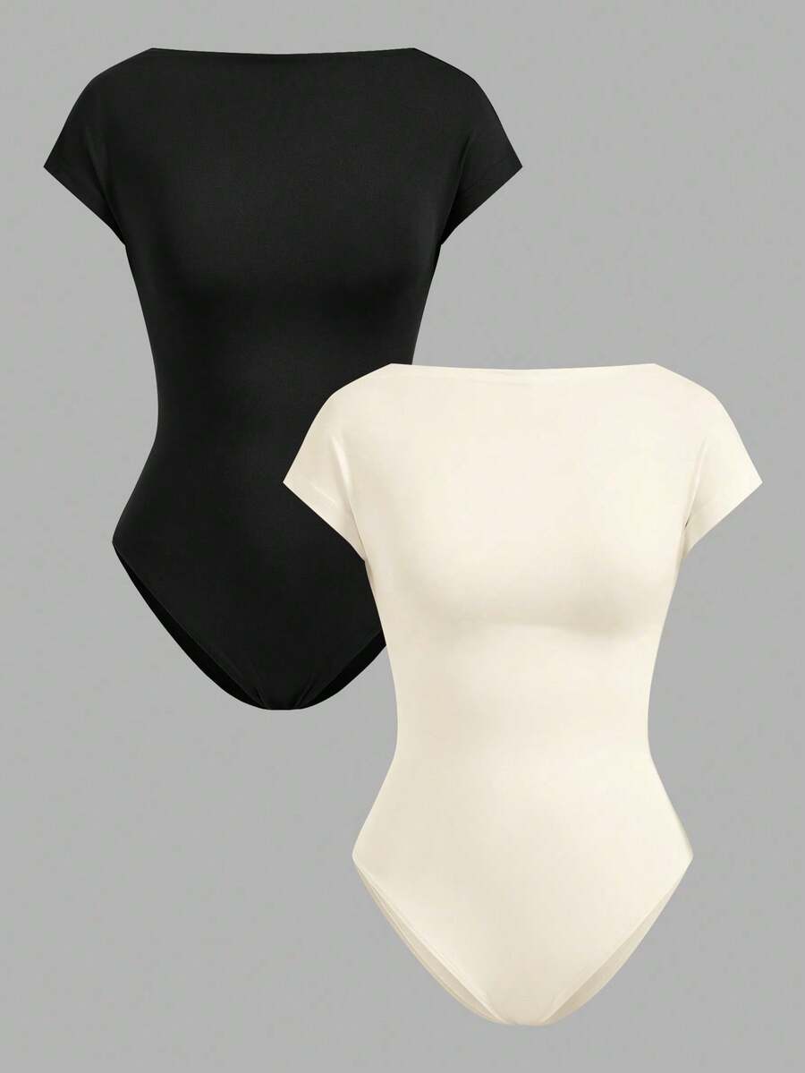 Conjunto de 2 piezas sexy para mujer, body casual con escote barco, sin espalda, de manga corta, ajustado, apropiado para el verano - Multicolor - Ver 1