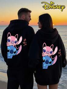 Couples Disney Lilo & Stitch Peeking Stitch And Angel Print Hooded Sweatshirt, Casual Loose Streetwear Hoodie, Sold As Single Piece 1pcs - Phụ nữ da đen - Xem 1
