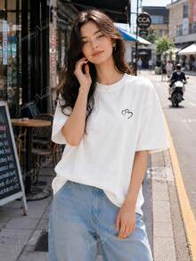 Women's Heart Pattern Graphic T-Shirt, 100 Percent Cotton Summer Tops, Top For Woman, Going Out Top Women, Plus-Size Options Available - 白色 - 查看 4