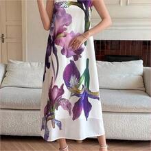 WNS  Vestido de verano de dama de honor con estampado floral elegante, cuello redondo y sin mangas, de largo medio - Azul - Ver 7