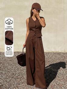 Conjunto de mezclilla informal para mujer con chaleco de mezclilla sin mangas de cuello en V y pantalones rectos - Marrón - Ver 1