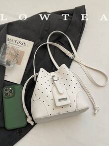 low tea 1pc Solid Color PU Drawstring Closure Fashionable Crossbody Bag, Polka Dot Print, Suitable For Women's Daily Use - White - View 4