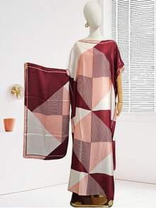 1 set jubah sutra imitasi motif geometris, penutup pantai wanita dengan syal, pakaian selendang pelindung matahari. - MultiWarna - View 2