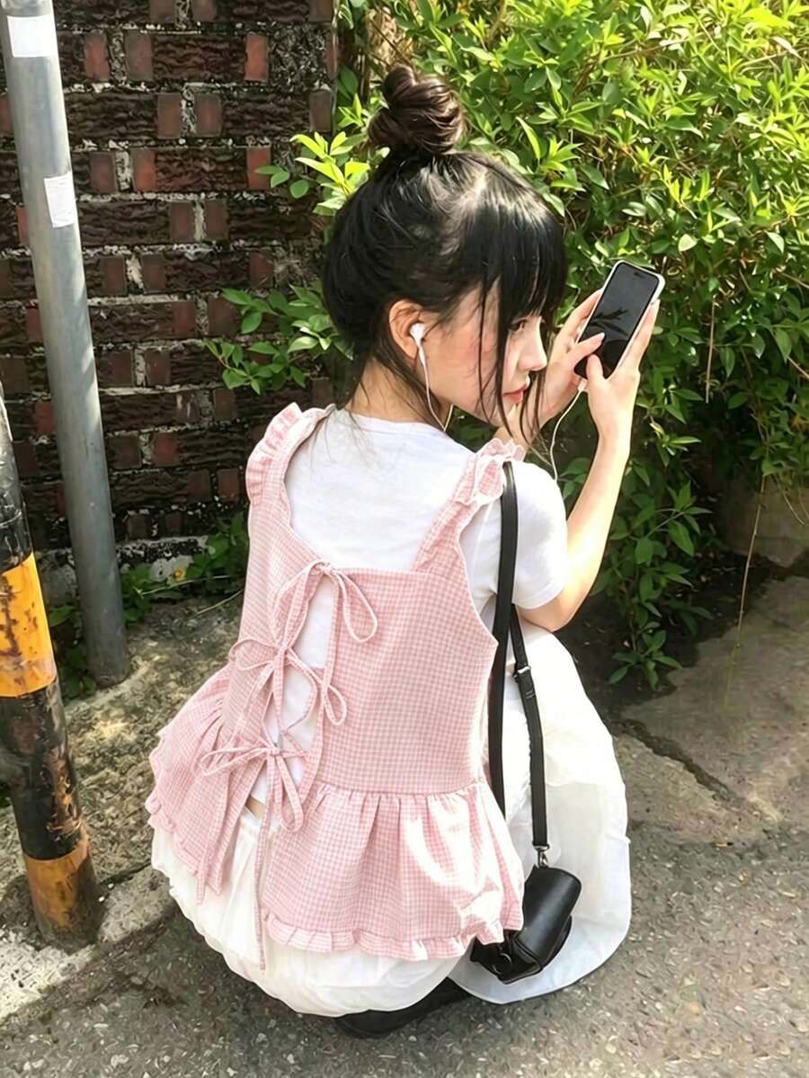 女款夏季韓風格紋印花後背打結荷葉邊下擺背心上衣休閒粉色 - 粉色 - 查看 1