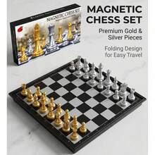 Premium Magnetic Folding Chess Set, Gold & Silver ABS Pieces With Felt Bottom, Portable Travel Board With Built-In Storage, Adult Educational Strategy Game, Ideal Gift - View 1