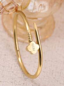 Set Perhiasan Stainless Steel Gaya Komuter Modis 3pcs/1pc, Dengan Desain Daun Semanggi, Cocok Untuk Wanita Saat Berpergian atau Pemakaian Sehari-hari, Juga Hadiah yang Bagus Untuk Teman - Yellow Gold - View 9
