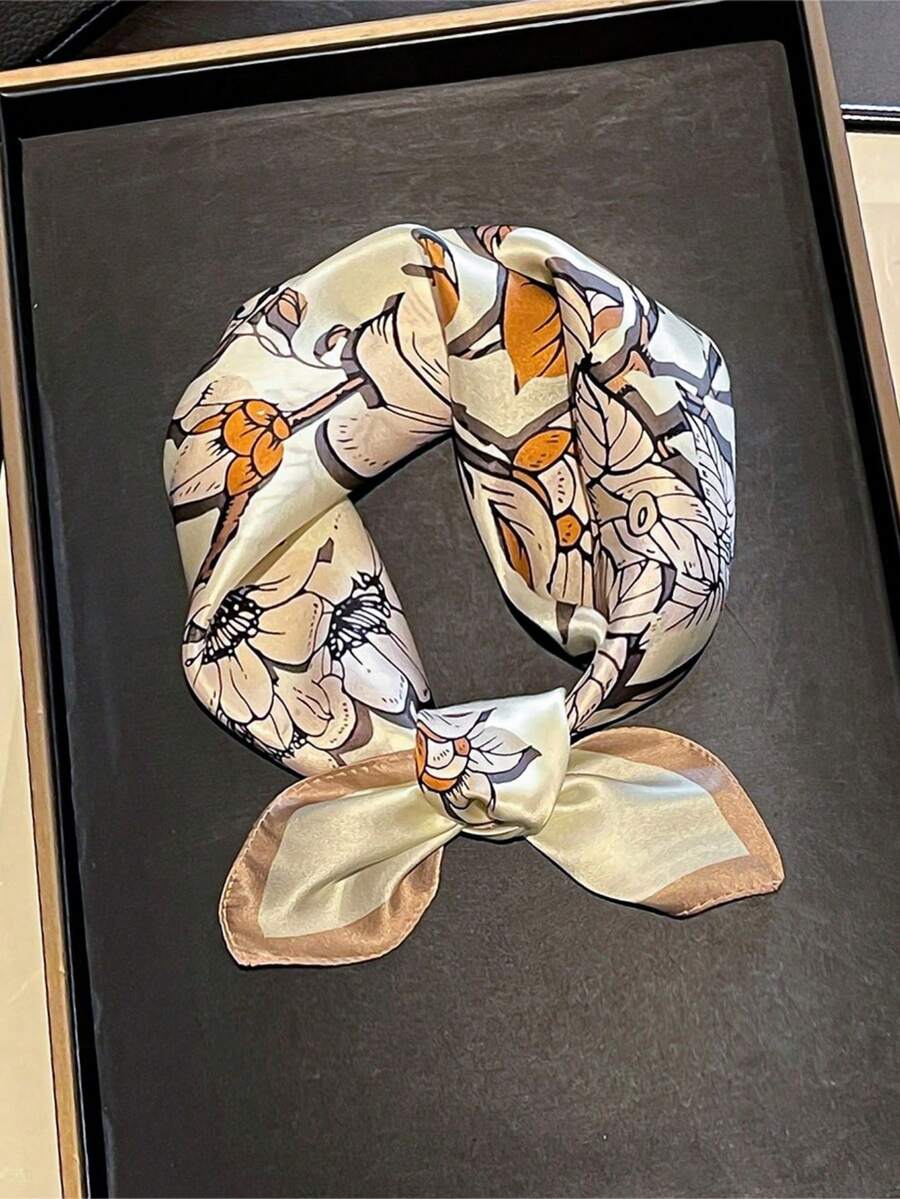 1件女款 53x53cm 100%純絲方巾，木蘭花印花絲巾，奢華緞面圍巾頭巾，百搭時尚配件