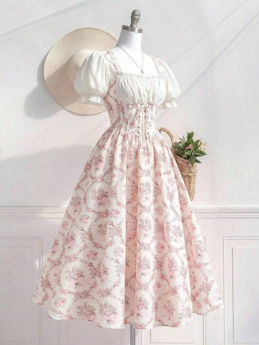 xheSHEIN MOD Vestido de mujer con estampado floral retro patchwork, vestido de primavera, atuendo de vacaciones para mujer, ropa de playa, vestido bohemio para mujer, estilo old moneyxhe - Multicolor - Ver 1