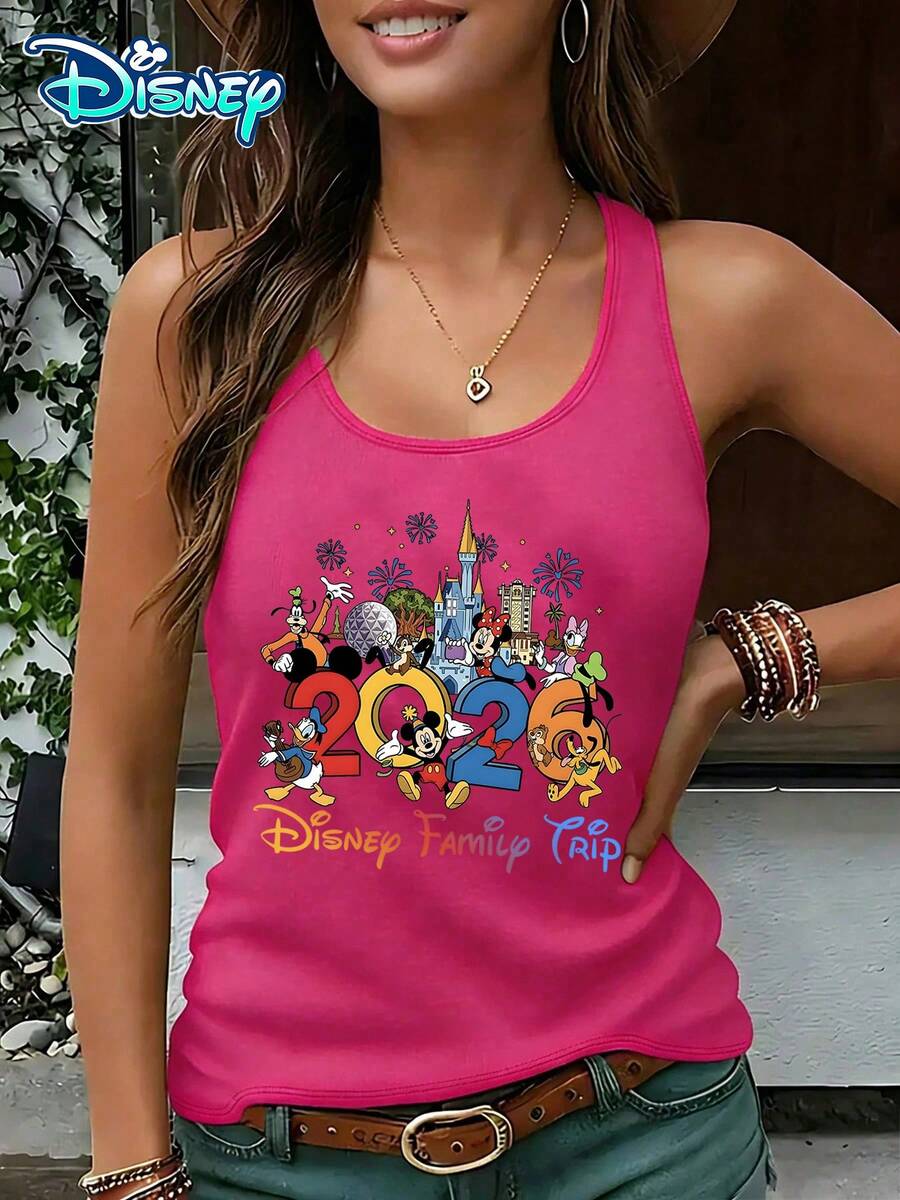 Disney Official Authorization | Women's Casual Round Neck Sleeveless Vest. Featuring A 2026 Family Theme, Paired With Characters Such As Mickey And Minnie And Castle Fireworks Elements, It Is Full Of Commemorative Significance. It Is An Exclusive Item For Family Outings In Theme Parks And An Ideal Choice For Recording Warm Memories. - Hot Pink - View 1