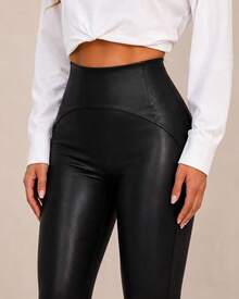 Women's PU Leather Leggings With Thermal Lining, High Waist, Butt-Shaping, With Stitching - Black - View 1