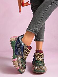 LiangJingJing Women's Round Toe Platform Sneakers With Multicolor Patchwork, Jeweled Accents, Lace-Up Closure And Textured Chunky Outsole - Green - View 2
