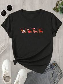 Top de mujer de manga corta y cuello redondo con un estampado que muestra un grupo de caballos de pie junto a otros caballos en una lucha encarnizada, apto para todas las estaciones. - Negro - Ver 1