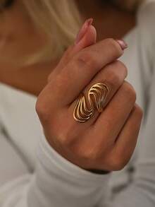 1 Stück 18K vergoldeter Edelstahl asymmetrischer Linien geometrischer verstellbarer offener Ring, elegantes Schmuckgeschenk geeignet für den täglichen und festlichen Gebrauch von Frauen - Goldgelb - Übersicht 1