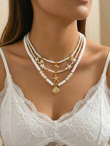 3pcs/Set Ocean Style Layered Necklace, White Beaded Faux Pearl Shell Starfish Fish Tail Pendant, Bohemian Vacation Style Layered Collarbone Chain, Suitable For Beach Vacation Outfits - Multicolor 1 - View 6