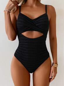 Traje de baño de una pieza sexy de verano para mujer con rayas al frente y espalda hueca con lazo - Negro - Ver 1
