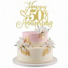 1件裝亮金色50週年結婚紀念蛋糕插牌，優雅50年婚姻慶祝蛋糕裝飾，金禧派對用品，浪漫週年紀念蛋糕裝飾 - 50週年 - 查看 8