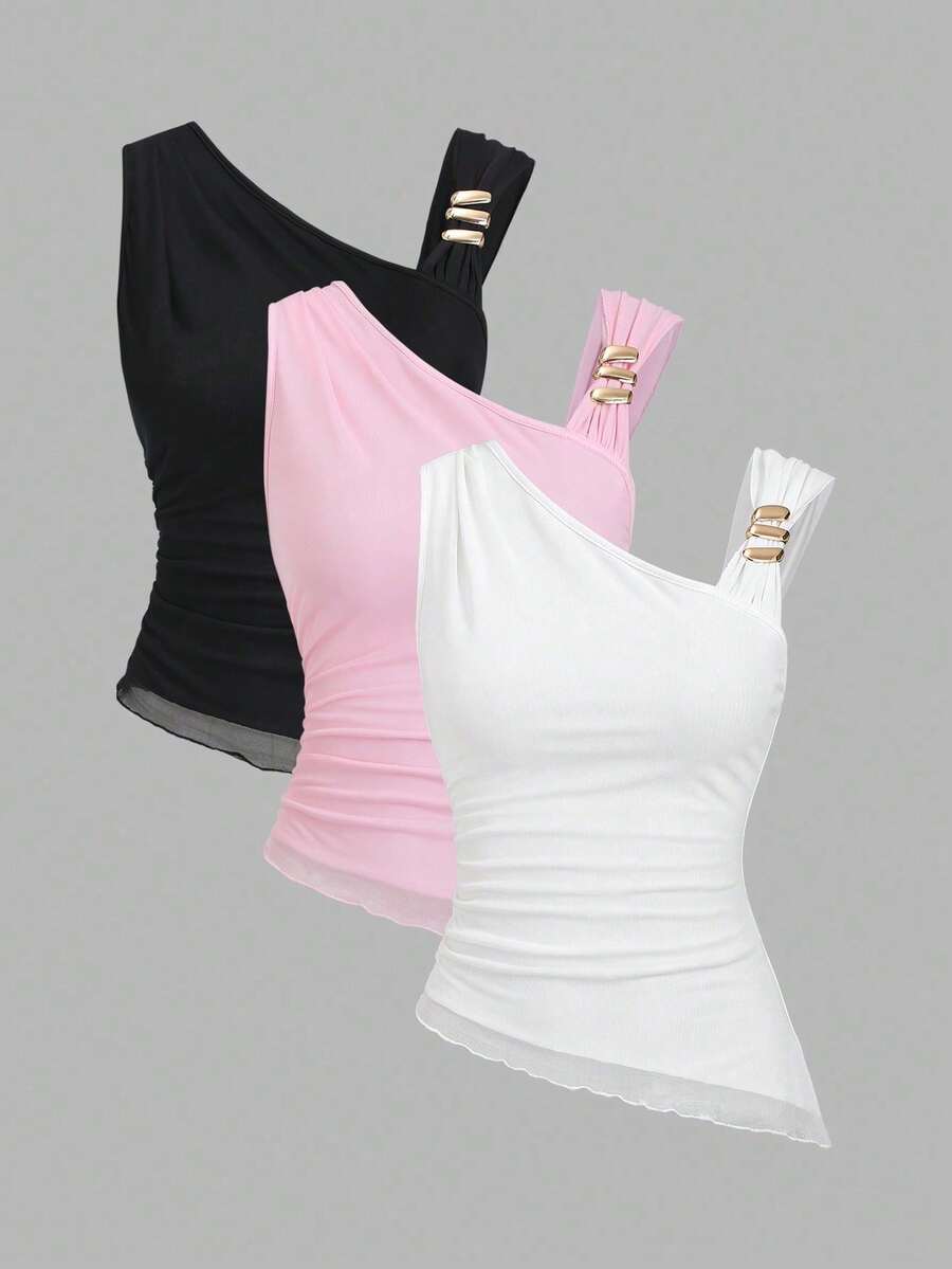 Blusa casual de vacaciones con botones decorativos y longitud asimétrica, estilo Y2K - Multicolor - Ver 1