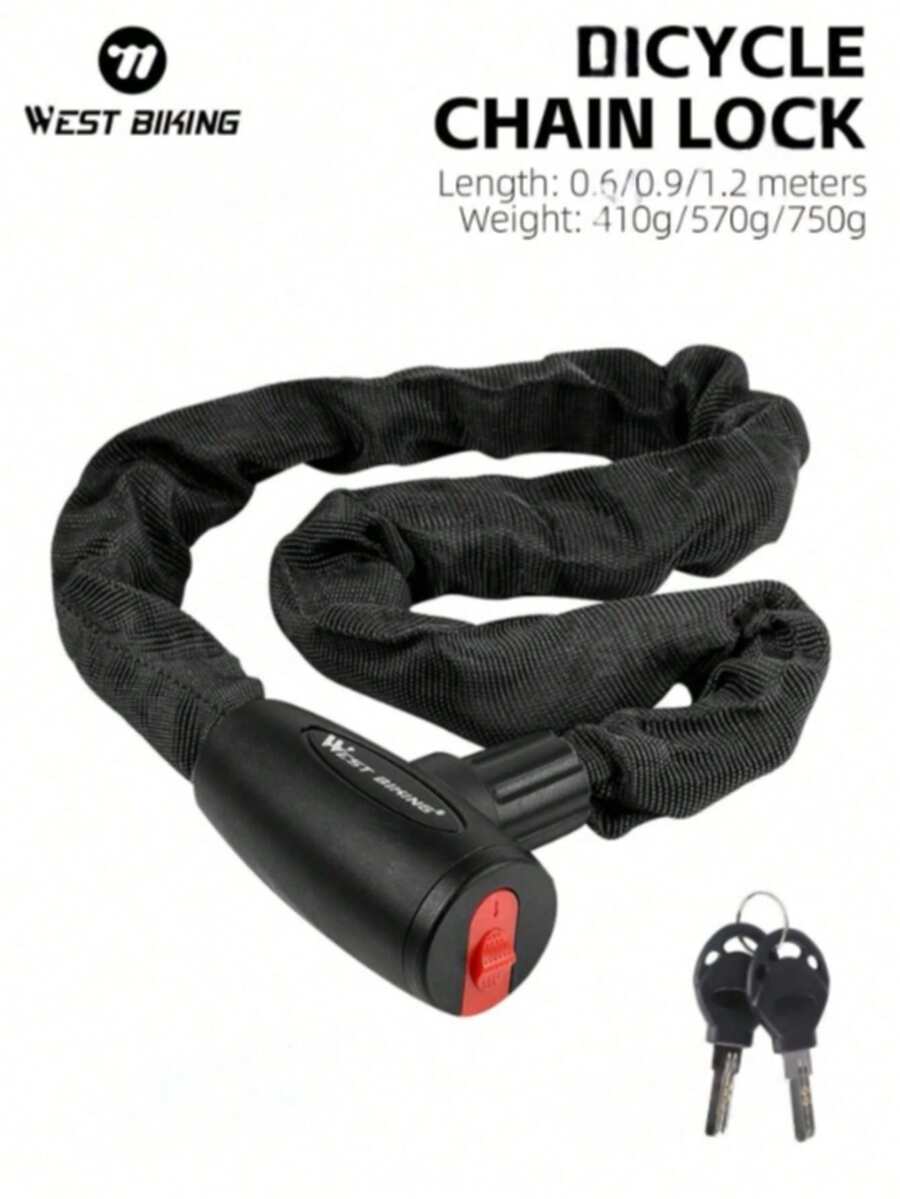 1 قطعة قفل مفتاح مضاد للسرقة من WEST BIKING للدراجات، مناسب للدراجات الجبلية والدراجات الكهربائية والدراجات النارية ومركبات البطارية، قفل سلسلة - الأسود - مشاهدة 1