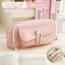 1pc Minimalist Button Pencil Case, Large Capacity For Elementary, Middle, High School Students, Ins Style, Highly Attractive, Dirt-Resistant, Dual-Layer Pencil Box, Colorful, Durable And Easy To Clean, Suitable For School Use - A - View 7