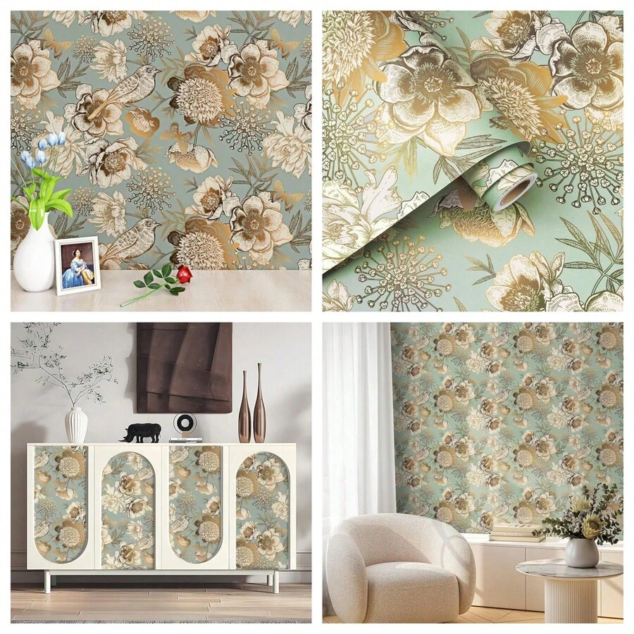 1卷多色花鸟图案自粘墙纸，防水防潮，适用于客厅、卧室、酒店、家居装修、橱柜、桌面等，可移除，尺寸：17.5英寸 x 39.3英寸/118.1英寸/196.8英寸/393.7英寸