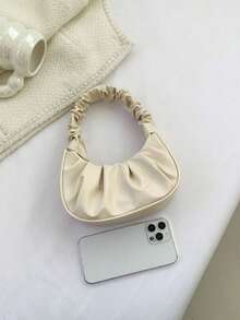 Mini Solid Color Pleated Handbag, Women Solid Color Cloud & Crescent Shaped Bag - Beige - View 3