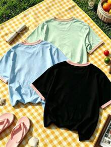 Camiseta de manga corta tipo pullover de 3 piezas con unicolor y patchwork de color de contraste para niña preadolescente, ropa infantil juvenil para estudiantes, top de verano, capa base de otoño/invierno, estilo casual de calle Ins para vacaciones, aeropuerto, desayuno, escuela y uso diario, versátil para combinar - Multicolor - Ver 4