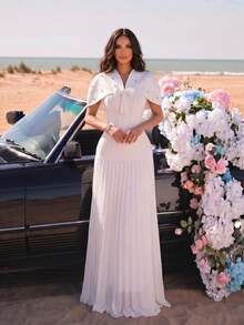New Luxury Glamorous Rhinestone Elegant Pearl Flower Shawl + Bandage Dress Chiffon Pleated Hem 2-Piece Set Bridesmaid Evening Gown For Women - White - View 2