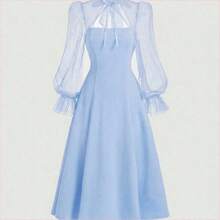 WNS  MOD Vestido de cuello alto negro con mangas acampanadas de malla de contraste y cuello de corbata - Azul - Ver 9