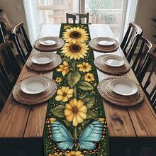1pc/25pcs Sunflower And Butterfly Pattern Table Runner, Fresh Natural Decor, Suitable For Holiday Packaging, Daily Use, Party, Lunch, Dinner, Home Decor, Party Events, Restaurant, Living Room, Outdoor Wedding, Camping, Picnic, Indoor/Outdoor Use - Multicolor - View 2