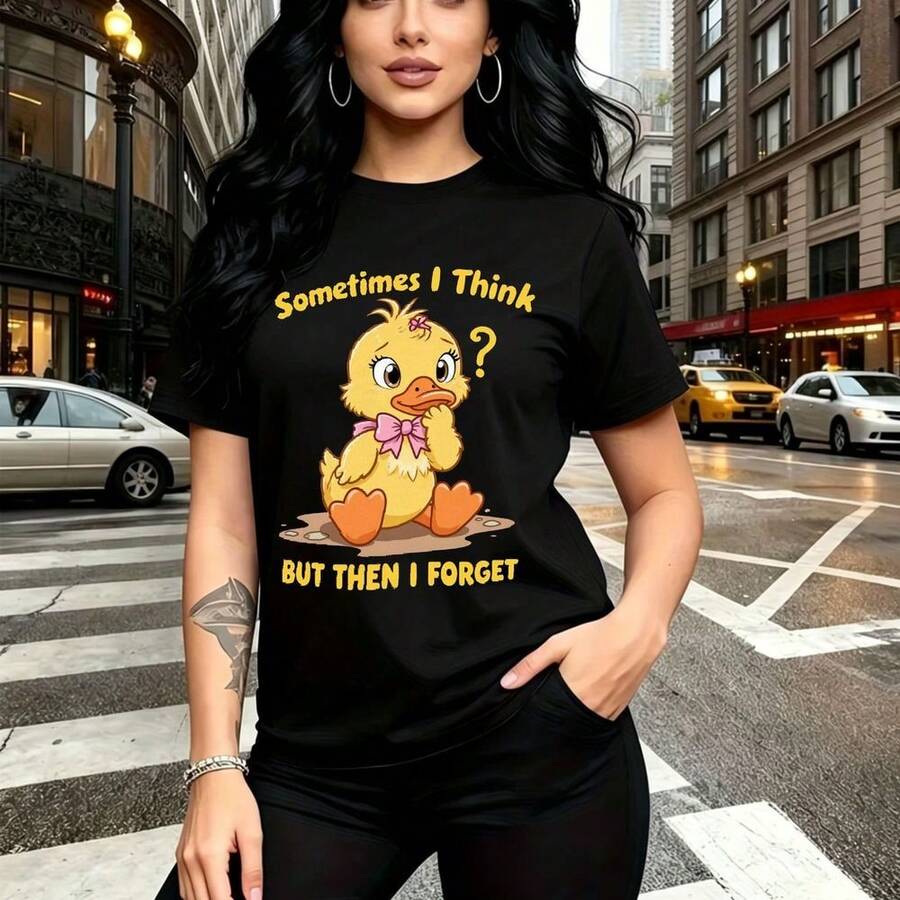 Camiseta de mujer con estampado de patito amarillo confundido y frase "Sometimes I Think BUT THEN I FORGET" - camiseta casual de manga corta con cuello redondo, ajuste cómodo y estilo divertido urbano - ideal para el Día de la Madre, cumpleaños o reg - Negro - Ver 1