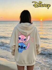 Couples Disney Lilo & Stitch Peeking Stitch And Angel Print Hooded Sweatshirt, Casual Loose Streetwear Hoodie, Sold As Single Piece 1pcs - Quả mơ dành cho nữ - Xem 2