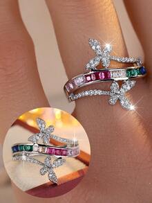 1pc Elegant Design Double Butterfly Colorful Zirconia Ring For Women, Recommended For Party, Vacation And Travel - Ring - View 4