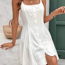 Frenchy Vestido de lino con escote halter, decoración con botones en el centro delantero, tela cómoda y transpirable, adecuado para uso casual y de vacaciones, vestido sencillo de un solo color apto para uso diario de las señoras - Negro - Ver 2