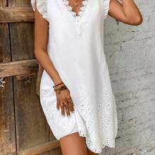 Frenchy Vestido de mujer con mangas con volantes, parches de encaje y bordado de ojal texturizado - Blanco - Ver 7