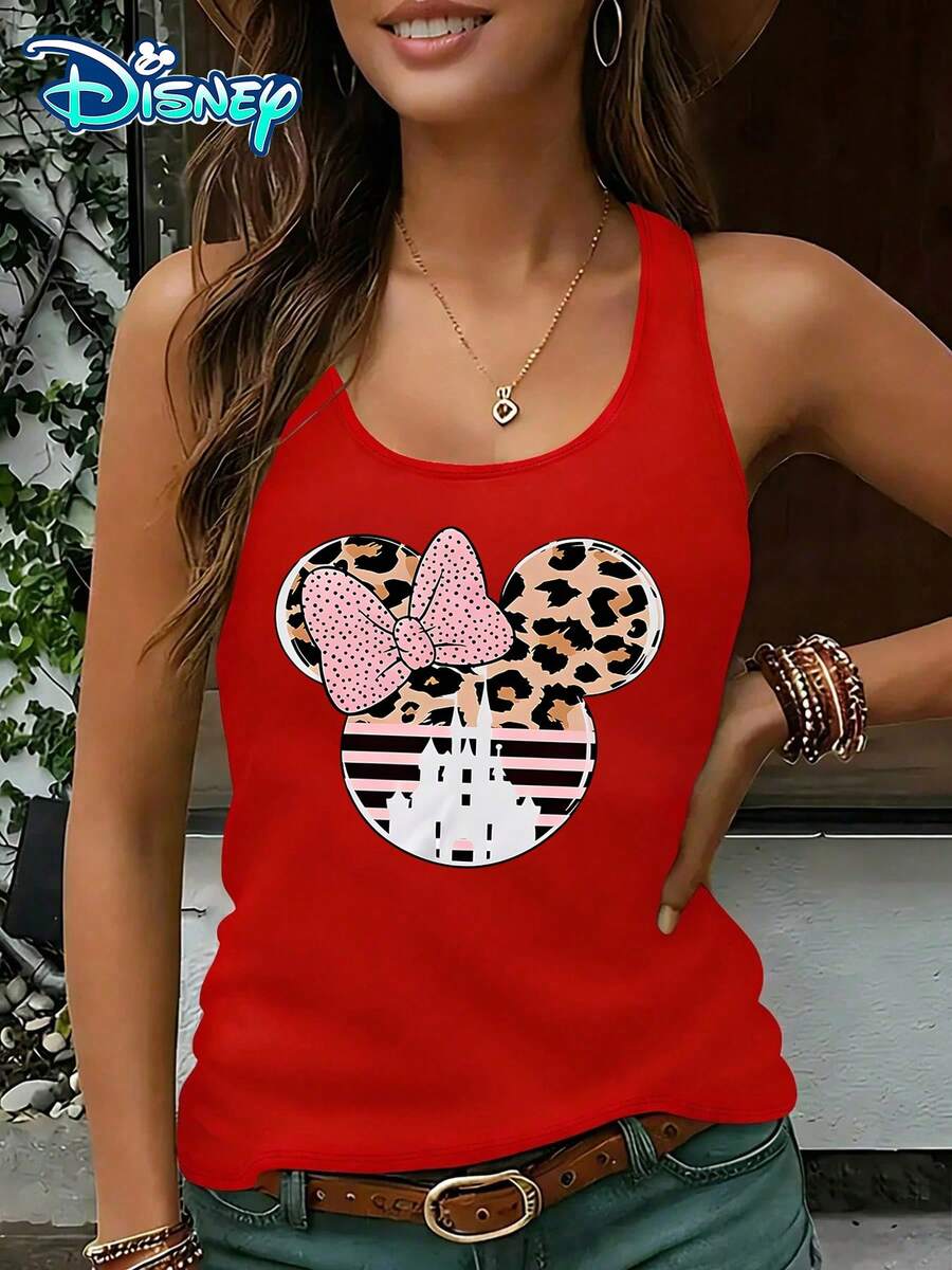 Disney Official Authorization | Women's Casual Round Neck Sleeveless Vest. Featuring Minnie, Paired With Leopard Print Bows And Castle Elements, It Is Sweet, Cool, And Playful. It Is An Eye-Catching Item For Theme Park Dressing And An Ideal Choice For Creating A Personalized Look. - Đỏ - Xem 1