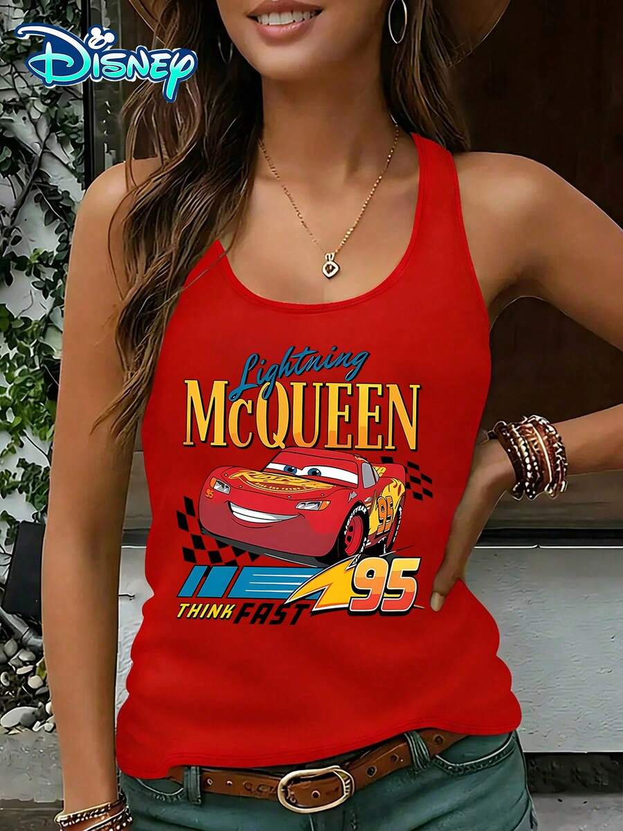 Disney Official Authorization | Women's Casual Round Neck Sleeveless Vest. Featuring The Lightning McQueen From Cars, Combined With Racing Elements And Slogans, It Exudes A Sense Of Speed And Vitality. It Is An Age Reducing Item For Daily Wear And An Ideal Choice For Fans To Collect. - Đỏ - Xem 1