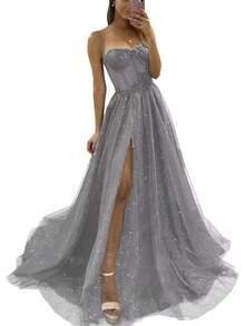 New European And American Style Spaghetti Strap Evening Dress With Side Slit, Long Elegant Party Dress - 紫色 - 查看 9