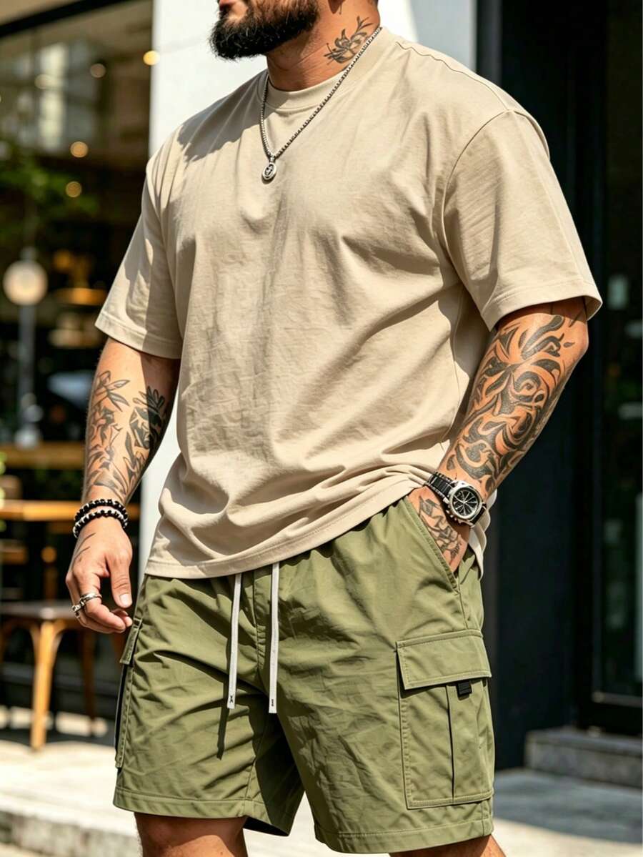 大尺碼 2件/組 男士圓領短袖T恤,夏季戶外上衣,適合戶外與運動穿著,送給男朋友的禮物 - 彩色 - 查看 1