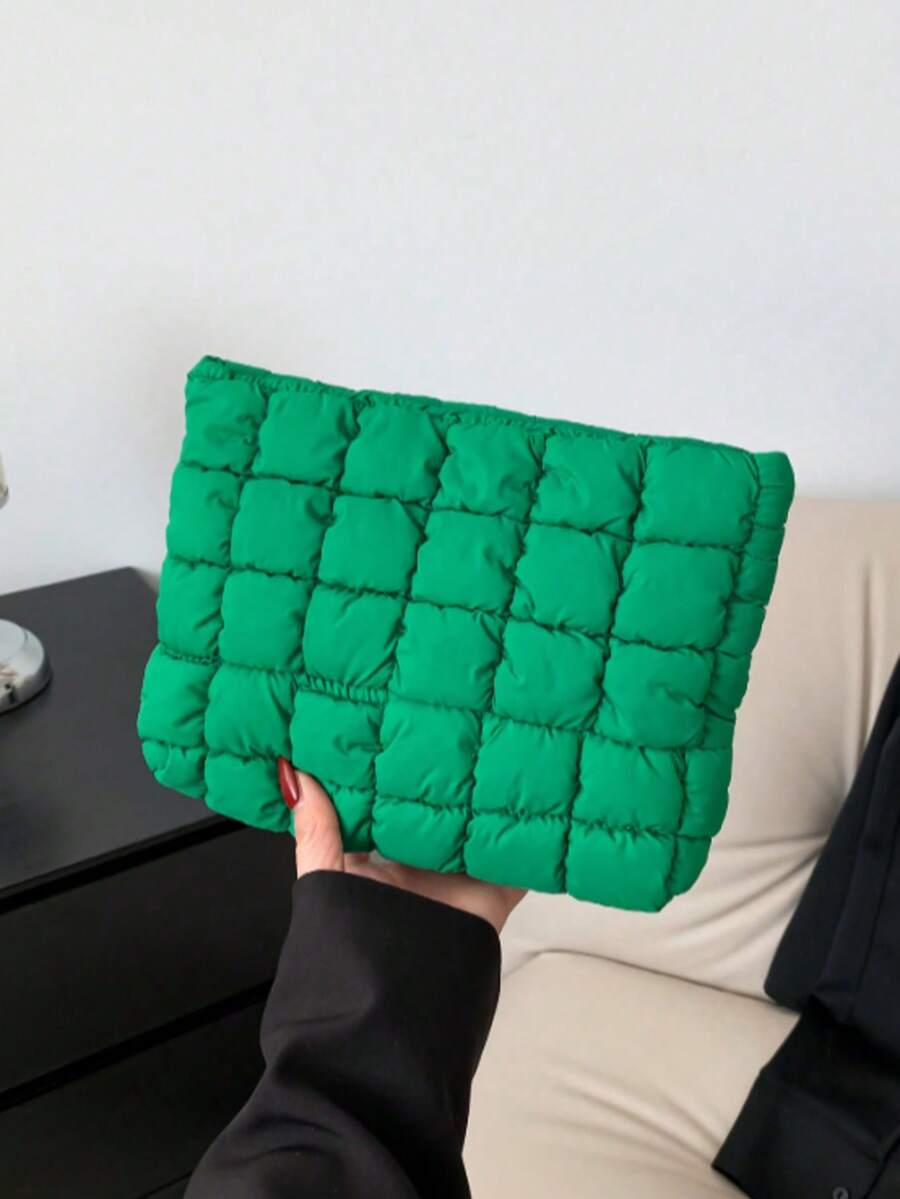 Modische gesteppte karierte Kosmetiktasche, lässige Clutch, kleine Tasche mit Daunenpolsterung - Grün - Übersicht 1