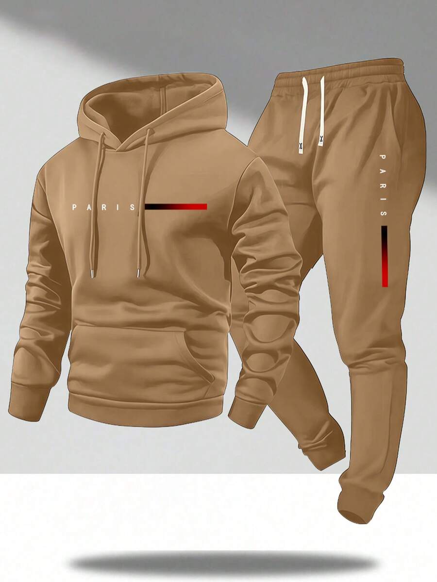 Bộ quần áo nam xuân/thu nhẹ nhàng cá tính in chữ Paris gồm áo hoodie và quần dài, thời trang thường ngày có túi, quần cạp chun rút, set 2 món, quà tặng phù hợp cho chồng hoặc bạn trai - Màu Khaki - Xem 1