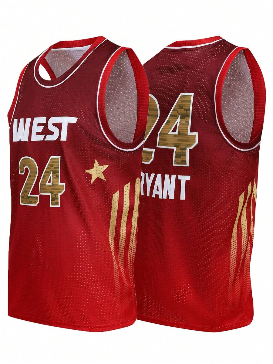 Men's Embroidered Basketball Jersey 24 Red Casual Sleeveless Vest V-Neck T-Shirt Party Sports Top Fall - Red - View 1
