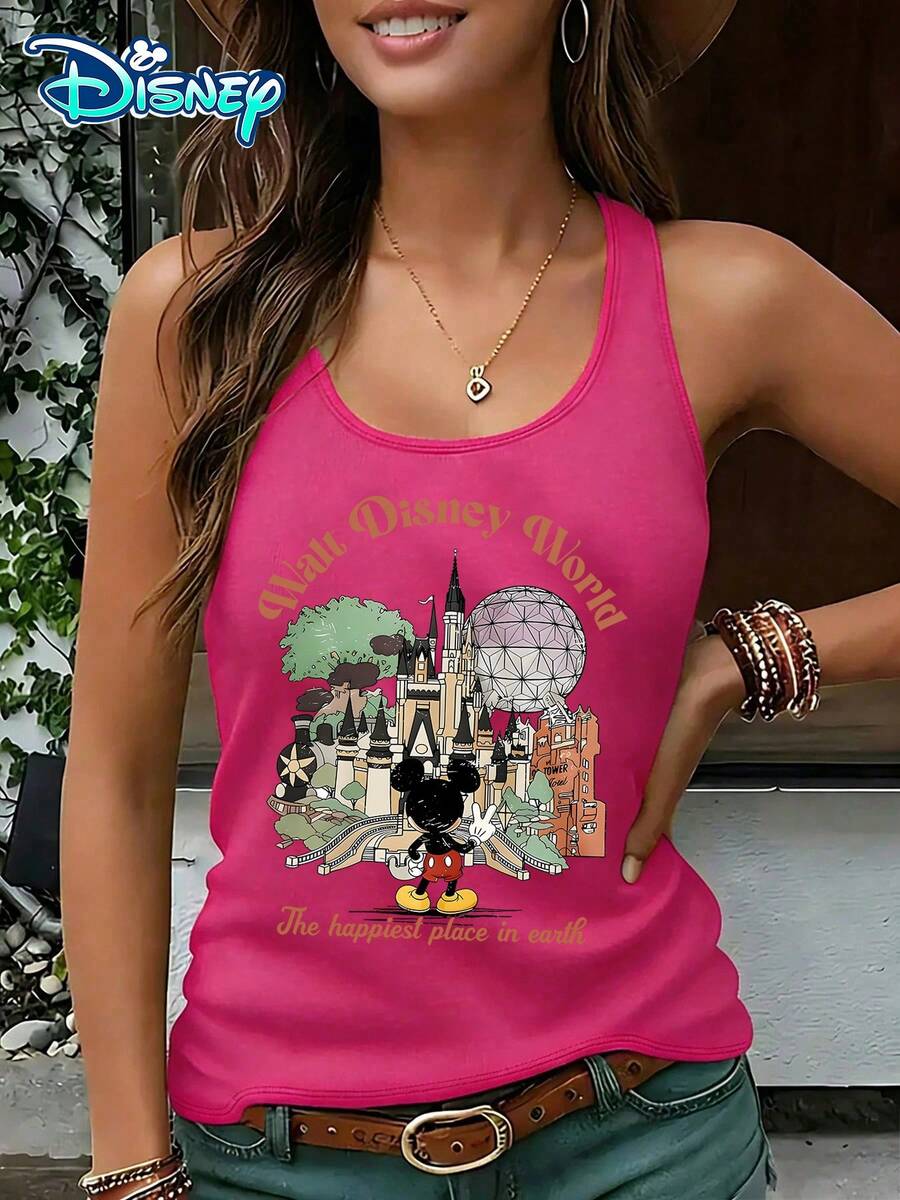 Disney Official Authorization | Women's Casual Round Neck Sleeveless Vest. Taking Walt Disney World As The Theme, Combined With Park Landmarks And Mickey Elements, It Is Full Of Commemorative Significance. It Is An Exclusive Item For Theme Park Travel And An Ideal Choice For Recording Beautiful Memories. - Hot Pink - View 1