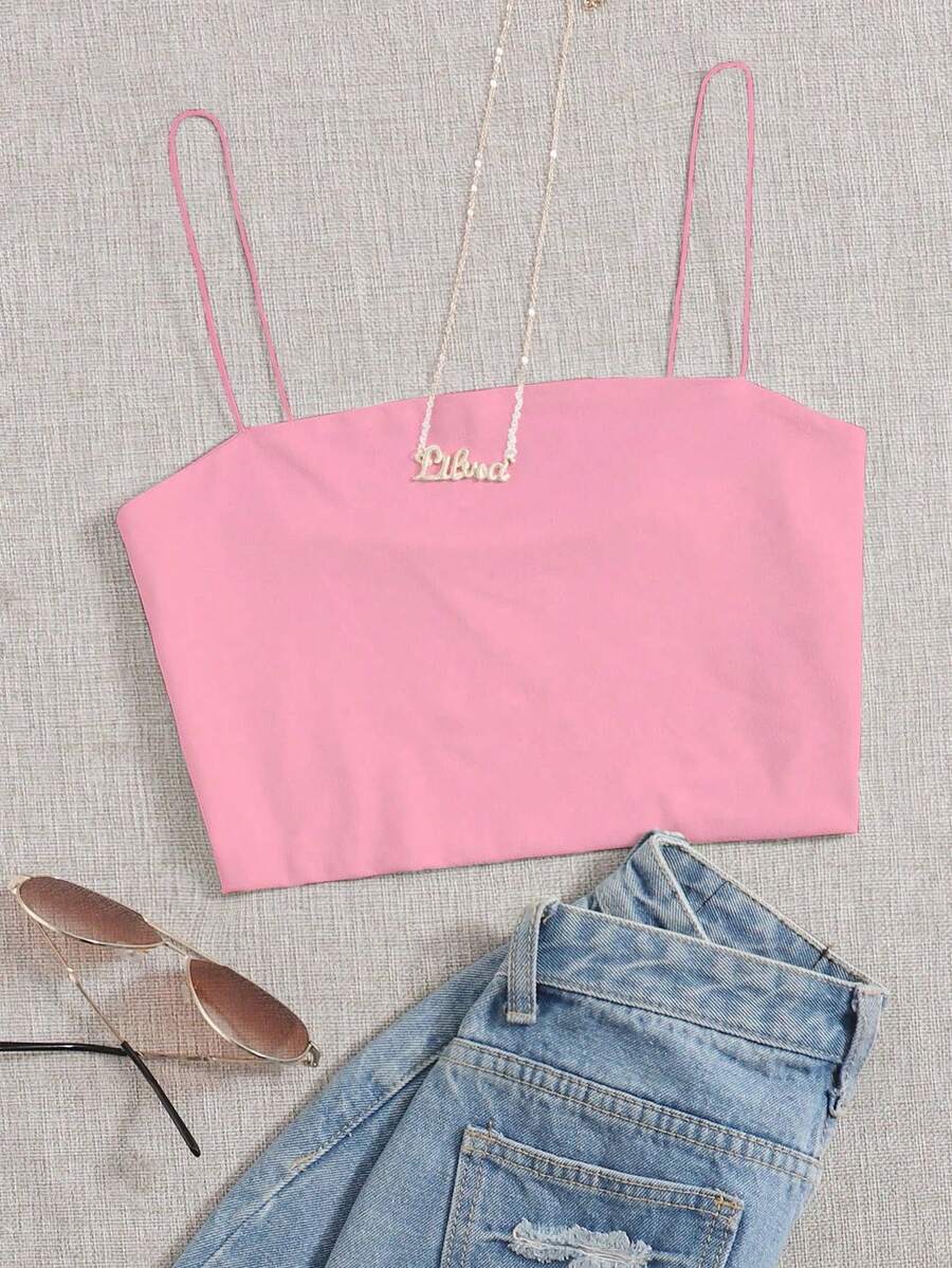 Top de tirantes acanalado de unicolor para uso casual en verano - Rosa 2 - Ver 1