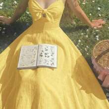WNS  MOD Vestido midi elegante de unicolor con cintura fruncida y anudada, adecuado para fiestas y eventos - Amarillo claro - Ver 1