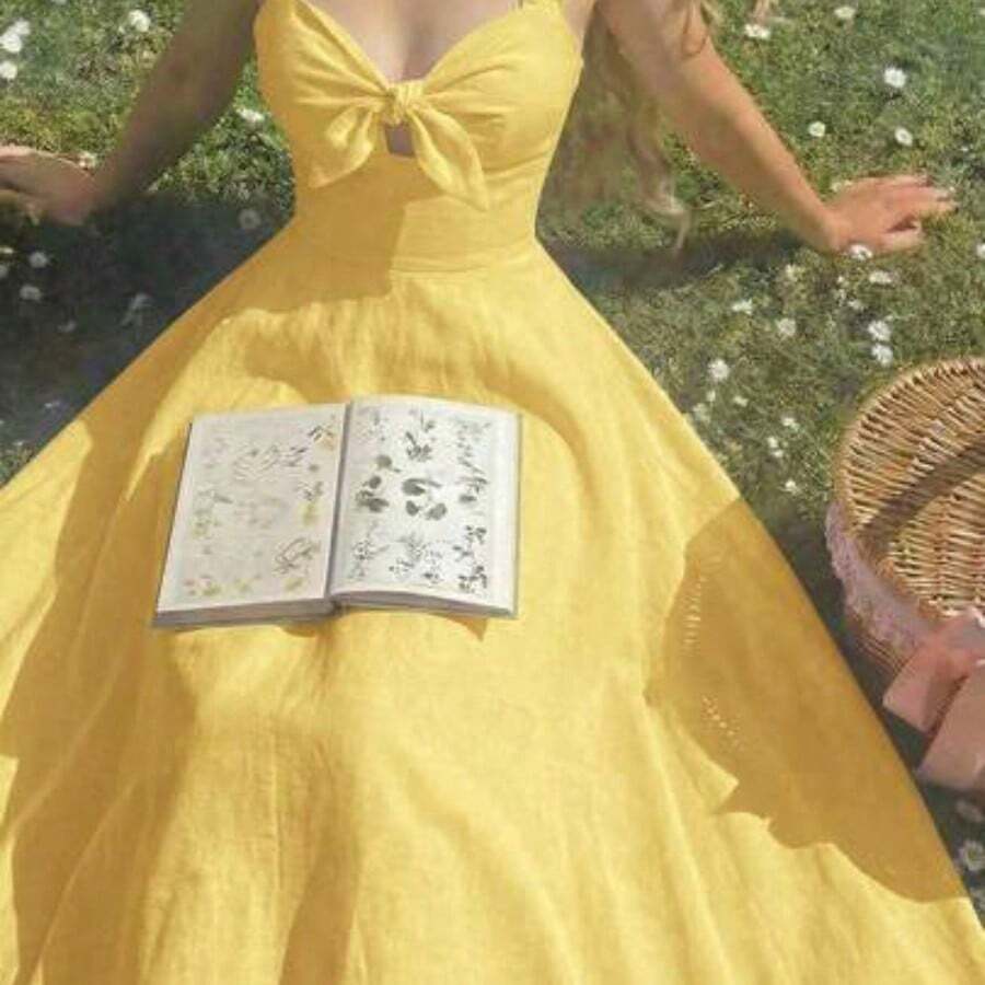 WNS MOD Vestido midi elegante de unicolor con cintura fruncida y anudada, adecuado para fiestas y eventos - Amarillo claro - Ver 1