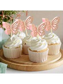 12/24 pezzi Decorazioni per cupcake a forma di farfalla a doppio strato, decorazioni per cupcake 3D con glitter, stuzzicadenti per cocktail a forma di farfalla - Multicolore - Visualizzare 8
